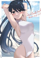 Rule 34 | 1girl, absurdres, arms behind head, beach, black eyes, black hair, blush, breasts, casual one-piece swimsuit, cloud, cloudy sky, dated, day, hair ribbon, highres, houshou (kancolle), kantai collection, long hair, looking at viewer, medium breasts, ocean, one-piece swimsuit, outdoors, ponytail, ribbon, sand, shiomugi (shio mugi1107), sky, smile, solo, swimsuit, twitter username, water, white one-piece swimsuit