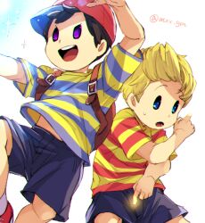Rule 34 | 2boys, :d, arm up, artist name, backpack, bag, baseball cap, black hair, black shorts, blonde hair, blue eyes, blue shirt, brown bag, commentary request, hand up, hat, looking at viewer, lucas (mother 3), male focus, mimxxpk, mother (game), mother 2, mother 3, multicolored clothes, multiple boys, ness (mother 2), nintendo, open mouth, purple eyes, quiff, red headwear, red shirt, shirt, short hair, short sleeves, shorts, sideways hat, simple background, smile, sparkle, striped clothes, striped shirt, sweatdrop, t-shirt, teeth, twitter username, two-tone shirt, upper teeth only, v-shaped eyebrows, white background, yellow shirt