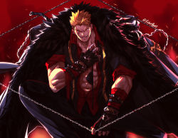 Rule 34 | 1boy, abs, artist name, bara, blonde hair, bracelet, chain, collared shirt, ear piercing, earrings, eyepatch, fairy tail, falloutbart, gauntlets, gloves, jacket, jewelry, laxus dreyar, looking at viewer, male focus, manly, mature male, muscular, muscular male, open clothes, open shirt, piercing, red background, scar, scar across eye, scar on face, shirt, smile, thick arms