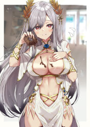 Rule 34 | 1girl, absurdres, azur lane, breasts, center opening, china dress, chinese clothes, chocolate, chocolate on body, chocolate on breasts, cleavage, cosplay, cowboy shot, doughnut, dress, dunkerque (azur lane), flying sweatdrops, food, food on body, grey hair, highres, holding doughnut, large breasts, laurel crown, long hair, looking at viewer, official alternate costume, ralf, sweat, thighhighs, victorious (azur lane), victorious (azur lane) (cosplay), victorious (guidance of the spring goddess) (azur lane)