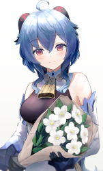 Rule 34 | ahoge, bare shoulders, bell, black gloves, blue hair, blush, bouquet, breasts, detached sleeves, ebiri fy, flower, ganyu (genshin impact), genshin impact, gloves, gold trim, highres, horns, looking at viewer, medium breasts, multicolored eyes, neck bell, qingxin flower, sidelocks, smile, solo, white background, white flower, white sleeves
