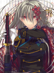 Rule 34 | 1girl, bad id, bad pixiv id, cape, flower, flower on head, gloves, hair ornament, hair stick, holding, katana, kazutake hazano, long hair, looking at viewer, original, red eyes, silver hair, smile, solo, sword, weapon, white gloves