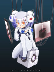 Rule 34 | 1girl, black forest cake, blush, cable, cake, cube, food, glados, glados-tan, heart, highres, kazuboh, monitor, orange eyes, pastry, personification, portal (series), portal 1, purple hair, short hair, solo, spoilers, valve, aperture science weighted companion cube