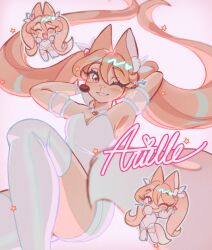 Rule 34 | 1girl, ^ ^, animal ear fluff, animal ears, arielle (cudlil), armpits, body fur, breasts, brown eyes, brown fur, brown hair, character name, chibi, chibi inset, cleavage, closed eyes, commentary, cudlil, dress, earpiece, english commentary, falling, fox ears, fox girl, fox tail, furry, furry female, hair ribbon, heart, highres, long hair, medium breasts, multiple views, one eye closed, open mouth, original, pink background, ribbon, smile, solo focus, star (symbol), tail, thighhighs, twintails, very long hair, white dress, white ribbon, white thighhighs