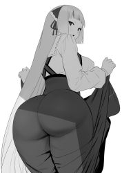 Rule 34 | 1girl, ass, ass focus, blunt bangs, blush, breasts, curvy, dress, from behind, greyscale, highres, huge ass, large breasts, long hair, long sleeves, looking at viewer, looking back, momoko (shoutao), monochrome, original, shoutao, sideboob, solo, thick thighs, thighs, very long hair, white background, wide hips