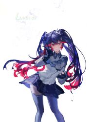 Rule 34 | 1girl, artist request, black hair, black skirt, character name, collared shirt, gradient hair, grey thighhighs, hair between eyes, hair ornament, highres, long hair, lucia: plume (punishing: gray raven), lucia (punishing: gray raven), mechanical arms, multicolored hair, parted bangs, punishing: gray raven, red eyes, red hair, shirt, sidelocks, skirt, solo, streaked hair, thighhighs, twintails, v, white background, white shirt, x hair ornament