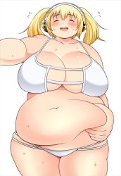 Rule 34 | 1girl, belly grab, blonde hair, blush, breasts, cleavage, deep skin, fat, headphones, huge breasts, nitroplus, open mouth, orange eyes, shimejix, simple background, smile, solo, super pochaco, sweat, twintails