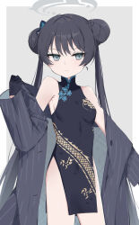 Rule 34 | 1girl, bare shoulders, black gloves, black hair, blue archive, breasts, butterfly hair ornament, china dress, chinese clothes, closed mouth, commentary request, covered navel, double bun, dress, gloves, grey background, grey eyes, grey jacket, hair bun, hair ornament, halo, highres, jacket, kisaki (blue archive), long hair, long sleeves, off shoulder, open clothes, open jacket, pelvic curtain, pinstripe pattern, sleeveless, sleeveless dress, sleeves past wrists, small breasts, solo, standing, striped, swon (joy200892), twintails, two-tone background, very long hair, white background