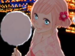Rule 34 | 1girl, alternate hairstyle, aqua eyes, blue eyes, blush, cotton candy, cup, festival, flower, hair ornament, hime cut, japanese clothes, just be friends (vocaloid), kimono, lips, lipstick, long hair, makeup, megurine luka, night, pink hair, screencap, smile, solo, vocaloid, yukata, yunomi, yunomi (yunomi imonuy)