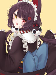 Rule 34 | 1girl, absurdres, animal ears, back bow, black kimono, blue bow, bow, brown hair, dog ears, fangs, heterochromia, highres, inui toko, inui toko (1st costume), japanese clothes, kimono, long hair, low twintails, maid, maid headdress, nijisanji, open mouth, red eyes, simple background, smile, solo, swept bangs, twintails, ume maru (spi art), very long hair, virtual youtuber, wa maid, white headdress, wide sleeves, yellow background, yellow eyes