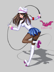 Rule 34 | 1girl, alternate costume, ankle boots, ankle lace-up, armband, asymmetrical legwear, blue skirt, boots, breasts, brown hair, brown thighhighs, character name, covered erect nipples, cross-laced footwear, d.va (overwatch), epaulettes, eungughwa, facepaint, facial mark, from behind, gloves, grey background, hat, headphones, high heel boots, high heels, highres, jacket, lace-up boots, long hair, long sleeves, looking at viewer, looking back, medium breasts, military, military jacket, military uniform, open mouth, overwatch, overwatch 1, pantyhose, pink lips, pleated skirt, shadow, simple background, skirt, solo, standing, standing on one leg, teeth, thigh boots, thigh strap, thighhighs, uneven legwear, uniform, whip, whisker markings, white footwear, white gloves, white hat, white jacket, yellow eyes