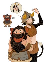 Rule 34 | 1boy, 1girl, animal ears, arm up, armor, arrow (symbol), bare shoulders, beard, black hair, body fur, brown skirt, cat ears, cat girl, cat tail, commentary, cosplay, costume switch, covered mouth, cowboy shot, crop top, cutystuffy, dungeon meshi, dwarf, english commentary, facial hair, fake horns, flip-flops, fur trim, hair slicked back, helmet, highres, horned helmet, horns, imagining, inutade, izutsumi, leather armor, long beard, looking up, midriff, mustache, oni, red scarf, sandals, scarf, senshi (dungeon meshi), short hair, simple background, skirt, sleeveless, spoken character, tail, thought bubble, white background