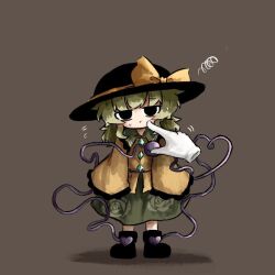 Rule 34 | 1girl, :t, black background, black eyes, black footwear, black headwear, bow, cheek poking, closed mouth, commentary request, disembodied hand, floral print, full body, green hair, green skirt, hat, hat bow, heart, heart of string, heripantomorrow, komeiji koishi, long sleeves, looking at viewer, medium hair, poking, rose print, shirt, simple background, skirt, solo focus, squiggle, standing, sweatdrop, third eye, touhou, yellow bow, yellow shirt