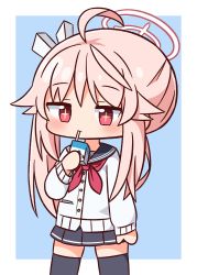 Rule 34 | + +, 1girl, ahoge, black sailor collar, black skirt, black thighhighs, blue archive, blue background, blush, cardigan, chibi, closed mouth, drinking straw, halo, hana kazari, hand up, highres, holding, long sleeves, looking at viewer, milk carton, natsu (blue archive), neckerchief, pink hair, pleated skirt, puffy long sleeves, puffy sleeves, red eyes, red neckerchief, sailor collar, side ponytail, skirt, sleeves past wrists, solo, thighhighs, two-tone background, white background, white cardigan