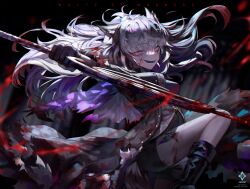 Rule 34 | 1girl, a0lp, arknights, black footwear, black shorts, blood, blood on clothes, blood on face, bloody weapon, coat, dark background, english text, eye trail, gesugao, grey coat, grey eyes, grey hair, highres, holding, holding sword, holding weapon, lappland (arknights), light trail, looking at viewer, parted lips, shorts, smile, solo, sword, torn clothes, weapon