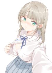 Rule 34 | 1girl, absurdres, blue ribbon, blunt bangs, blush, bra, breasts, brown hair, closed mouth, collared shirt, commentary, dress shirt, green eyes, grey skirt, highres, large breasts, long hair, long sleeves, looking at viewer, maigoyaki, neck ribbon, open clothes, open shirt, original, partially unbuttoned, pleated skirt, ribbon, shirt, simple background, skirt, solo, symbol-only commentary, tearing up, underwear, white background, white bra, white shirt