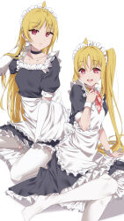 Rule 34 | 2girls, :d, absurdres, adjusting hair, ahoge, alternate costume, apron, arm support, between legs, black choker, black dress, blonde hair, bocchi the rock!, bow, bowtie, choker, closed mouth, collarbone, detached ahoge, dress, elbow gloves, enmaided, gloves, hand between legs, hand up, highres, ijichi nijika, ijichi seika, long hair, looking at viewer, maid, maid apron, maid headdress, multiple girls, open mouth, red bow, red bowtie, red eyes, short sleeves, siblings, side ponytail, sisters, sitting, smile, straight hair, teeth, thighhighs, upper teeth only, very long hair, wariza, white apron, white background, white gloves, white thighhighs, white wrist cuffs, wrist cuffs, yamaori (yamaorimon), yokozuwari