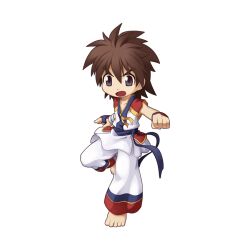 Rule 34 | 1boy, barefoot, black eyes, black sash, brown hair, chibi, clenched hand, fighting stance, foot up, full body, gloves, looking at viewer, male focus, medium bangs, medium hair, official art, open mouth, pants, ragnarok online, sash, shirt, simple background, sleeveless, sleeveless shirt, solo, standing, standing on one leg, star gladiator (ragnarok online), tachi-e, transparent background, v-shaped eyebrows, white pants, white shirt, yuichirou