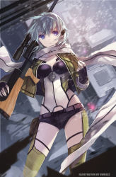 Rule 34 | 10s, 1girl, anti-materiel rifle, artist name, bad id, bad pixiv id, black gloves, blue eyes, bolt action, bullet, carrying, carrying over shoulder, fingerless gloves, gloves, gun, hair ornament, hairclip, highres, holding, parted lips, pgm hecate ii, rifle, scarf, short hair, shorts, silver hair, sinon, sniper rifle, solo, swd3e2, sword art online, weapon, wind