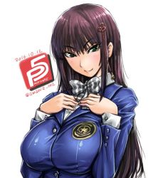 Rule 34 | 1girl, amania orz, black hair, blazer, blush, bow, breasts, closed mouth, dated, hair ornament, jacket, kosei high school uniform, large breasts, long hair, looking at viewer, persona, persona 5, school uniform, simple background, smile, solo, tougou hifumi, white background