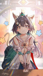 1girl :3 absurdres animal_ear_fluff animal_ears armlet black_hair blurry blurry_background blush_stickers cat_ears cat_girl cat_tail clothing_cutout collarbone commentary day depth_of_field detached_sleeves double-parted_bangs dress english_commentary engrish_commentary flat_chest flower_(symbol) flyshadow glint hair_between_eyes hair_intakes hair_ornament hairclip headpiece highres honkai:_star_rail honkai_(series) jewelry kemonomimi_mode lens_flare light_blush long_hair looking_at_viewer orange_eyes signature sleeveless sleeveless_dress solo sparkling_eyes stomach_cutout tail twintails variant_set white_dress yunli_(honkai:_star_rail)