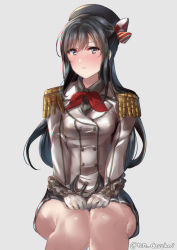 Rule 34 | 1girl, anchor, asashio (kancolle), bad id, bad pixiv id, beret, black hair, blush, breasts, buttons, closed mouth, cosplay, epaulettes, gloves, grey background, grey eyes, hat, jacket, juurouta, kantai collection, kashima (kancolle), kashima (kancolle) (cosplay), kerchief, long hair, long sleeves, looking at viewer, military, military jacket, military uniform, miniskirt, naval uniform, pleated skirt, red neckwear, simple background, sitting, skirt, small breasts, solo, twitter username, uniform, white gloves