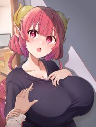 Rule 34 | 2girls, :o, absurdres, arm grab, black shirt, blunt bangs, blush, breasts, cleavage, collarbone, curled horns, dragon girl, dragon horns, fang, female focus, highres, horns, huge breasts, ilulu (maidragon), indoors, kobayashi-san chi no maidragon, kobayashi (maidragon), long hair, long sleeves, looking at viewer, matching hair/eyes, mizo, multiple girls, open mouth, pointy ears, pov, pov hands, red eyes, red hair, shirt, short sleeves, slit pupils, solo focus, t-shirt, taut clothes, television, twintails, upper body