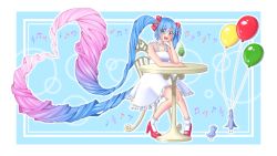 Rule 34 | 1girl, absurdly long hair, anniversary, aqua background, aqua eyes, aqua hair, artist name, artist request, balloon, bare shoulders, bird, blue eyes, blue hair, bow, chair, cup, dress, drinking glass, drinking straw, female focus, full body, hair bow, hand on face, hatsune miku, high heels, highres, long hair, looking at viewer, musical note, on chair, red bow, red footwear, sitting, solo, straw, sundress, table, twintails, very long hair, vocaloid