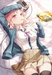 Rule 34 | 1girl, arm up, bed sheet, black thighhighs, breasts, brown skirt, chips (food), collared shirt, controller, danganronpa (series), danganronpa 2: goodbye despair, food, game controller, hand up, highres, jacket, long sleeves, looking at viewer, lying, medium breasts, miniskirt, nanami chiaki, on back, open clothes, open jacket, playstation controller, pleated skirt, potato chips, r o ha, school uniform, shirt, shirt tucked in, short hair, skirt, solo, thighhighs, white shirt, zettai ryouiki