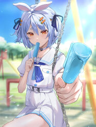Rule 34 | 1girl, absurdres, animal ears, belt, blue hair, blue neckerchief, blue ribbon, blue sky, blurry, blurry background, carrot hair ornament, choker, cloud, commentary request, day, dress, eating, flat chest, food, food-themed hair ornament, hair ornament, hair ribbon, hairclip, highres, holding, holding food, holding popsicle, hololive, light blue hair, light blush, looking at viewer, medium hair, monokawa (iurl1z), neckerchief, official alternate costume, orange eyes, outdoors, park, popsicle, puffy short sleeves, puffy sleeves, rabbit ears, ribbon, sailor collar, short sleeves, short twintails, sidelocks, sitting, sky, solo, sparkle, sunlight, swing, thick eyebrows, tree, twintails, usada pekora, usada pekora (casual), virtual youtuber, white belt, white choker, white dress, white sailor collar