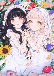 Rule 34 | 2girls, 43 pon, black hair, bow, dress, flower, frilled hairband, frills, hairband, highres, holding hands, leaf, long hair, looking at viewer, lying, multiple girls, on back, open mouth, original, pink eyes, plant, smile, sunflower, vines, white dress, white hair, white hairband, yellow eyes