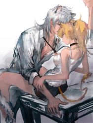 Rule 34 | 1boy, 1girl, animal ear fluff, animal ears, arknights, arm support, bare arms, bare shoulders, black choker, black necktie, blonde hair, breasts, brown eyes, chinese commentary, choker, collared shirt, commentary request, fur-trimmed shorts, fur trim, grey shirt, hetero, highres, leaning forward, leopard boy, leopard ears, leopard tail, lion ears, lion girl, lion tail, long hair, long sleeves, medium breasts, naijiaer, necktie, necktie grab, neckwear grab, on table, ponytail, red shorts, scar, shirt, short shorts, shorts, siege (arknights), silver hair, silverash (arknights), simple background, sitting, sleeveless, sleeveless shirt, table, tail, tank top, white background, white shirt, yellow eyes
