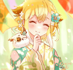 Rule 34 | 1girl, ancient killers (phantom of the kill), bird, blonde hair, closed eyes, closed mouth, commentary request, day, flower, green kimono, hair behind ear, hair flower, hair ornament, japanese clothes, kimono, light blush, looking at viewer, mikan ame (gumi), minerva (phantom of the kill), monocle, official art, outdoors, owl, phantom of the kill, second-party source, sidelocks, smile, standing, wind chime, yellow kimono, yukata