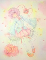 Rule 34 | 1girl, blouse, bobby socks, eyeball, flower, frilled skirt, frills, full body, highres, komeiji satori, long sleeves, looking at viewer, mary janes, neck ribbon, outstretched arms, painting (medium), pink background, pink eyes, pink hair, ribbon, rose, shirt, shoes, short hair, skirt, socks, solo, spread arms, thighhighs, third eye, touhou, traditional media, watercolor (medium), white socks, yuyu (00365676)