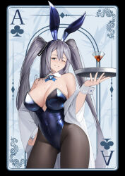 Rule 34 | 1girl, alcohol, alternate costume, animal ears, azur lane, bare shoulders, blue eyes, breasts, brown pantyhose, card, cleavage, commentary, commission, covered navel, cup, english commentary, fake animal ears, glass, grey hair, hair between eyes, hand on own hip, highres, huge breasts, intrepid (azur lane), leotard, long hair, long sleeves, looking at viewer, mole, mole on breast, one eye closed, pantyhose, playboy bunny, rabbit ears, shizuko hideyoshi, smile, solo, standing, twintails, wide sleeves