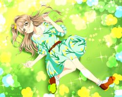 Rule 34 | 1girl, artist name, artist request, bare legs, belt, blurry, blush, bow, breasts, brown belt, brown eyes, brown footwear, brown hair, collarbone, depth of field, dress shirt, female focus, field, floral print, flower, flower field, flower print, full body, green shirt, green skirt, grey hair, hair bow, hair rings, highres, isami don, light brown hair, long hair, looking at viewer, love live!, love live! school idol festival, love live! school idol project, minami kotori, miniskirt, parted lips, plaid, plaid skirt, pleated, pleated skirt, ponytail, puffy short sleeves, puffy sleeves, shirt, shoes, short sleeves, side ponytail, skirt, small breasts, smile, solo, sparkle, spring (season), yellow bow, yellow eyes
