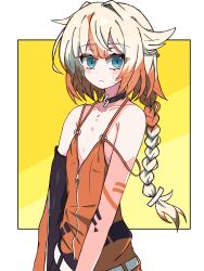 Rule 34 | 1girl, absurdres, aqua eyes, arm tattoo, blonde hair, braid, cevio, choker, closed mouth, dress, expressionless, flat chest, highres, multicolored hair, noir (noire6959), one (cevio), orange dress, spaghetti strap, strap slip, tattoo, two-tone hair, yellow background