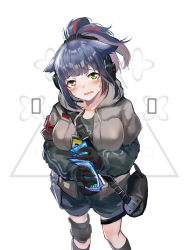 Rule 34 | 1girl, absurdres, arknights, armband, bag, black gloves, black socks, black shirt, black shorts, blue hair, blush, breasts, cowboy shot, fh moya, gloves, green eyes, grey jacket, headset, highres, hood, hooded jacket, jacket, jessica (arknights), knee pads, kneehighs, large breasts, looking at viewer, medium hair, money, multicolored hair, name tag, open mouth, ponytail, red hair, shirt, short shorts, shorts, shoulder bag, simple background, socks, solo, standing, streaked hair, tareme, tears, thighs, two-tone hair, wavy mouth, white background