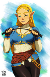 Rule 34 | 1girl, black pantyhose, blonde hair, breasts, forehead, green eyes, hair ornament, hairclip, half-closed eyes, highres, long hair, looking at viewer, naavs, nintendo, pants, pantyhose, parted bangs, pointy ears, princess zelda, riding crop, seductive smile, small breasts, smile, solo, the legend of zelda, the legend of zelda: breath of the wild, thick eyebrows, tight clothes, tight pants
