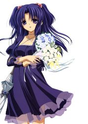 Rule 34 | 00s, 1girl, blue hair, bouquet, casual, clannad, dress, flower, hair bobbles, hair ornament, highres, ichinose kotomi, long hair, official art, parasol, purple eyes, solo, transparent background, two side up, umbrella