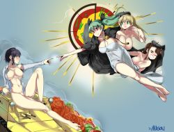 Rule 34 | 10s, 4girls, amaretto (girls und panzer), anchovy (girls und panzer), anzio (emblem), arm around shoulder, arm support, artist name, artistic nudity, asymmetrical bangs, bad id, bad pixiv id, beret, black cape, black hair, black hat, black ribbon, blonde hair, braid, breasts, brown eyes, cape, carpaccio (girls und panzer), carro veloce cv-33, cleavage, closed mouth, commentary, dress shirt, emblem, fine art parody, flying, from side, girls und panzer, green eyes, green hair, grin, hair ribbon, hat, large breasts, leaning back, looking at another, looking at viewer, lying, masonlizard, military, military vehicle, motor vehicle, multiple girls, naked shirt, naked towel, nude, on back, one eye closed, open clothes, open shirt, parody, partially visible vulva, peeking out, pepperoni (girls und panzer), reaching, reaching towards viewer, red eyes, ribbon, salad, shirt, side braid, signature, smile, tank, the creation of adam, tomato, towel, twintails, white shirt
