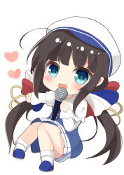 Rule 34 | 10s, 1girl, :d, absurdres, ahoge, arlene (ju), beret, blue dress, blue eyes, blue footwear, blush, bobby socks, brown hair, chibi, dress, hat, heart, highres, hinatsuru ai, holding, holding microphone, layered sleeves, long hair, long sleeves, low twintails, microphone, open mouth, puffy short sleeves, puffy sleeves, ryuuou no oshigoto!, school uniform, shoes, short over long sleeves, short sleeves, sidelocks, simple background, smile, socks, solo, twintails, very long hair, white background, white hat, white socks