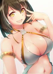 Rule 34 | 1girl, :d, arknights, armlet, bare shoulders, bikini, black hair, breasts, commentary request, criss-cross halter, dermar, grey background, grey bikini, hair between eyes, halterneck, hand up, highres, large breasts, looking at viewer, magallan (arknights), multicolored hair, navel, open mouth, short hair, smile, solo, stomach, streaked hair, swimsuit, upper body, yellow eyes