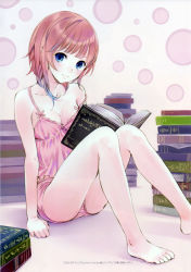 Rule 34 | 1girl, :3, absurdres, atelier (series), atelier rorona, bare shoulders, barefoot, blue eyes, book, breasts, cleavage, face, feet, female focus, gust, highres, kishida mel, legs, looking at viewer, multicolored hair, pajamas, red hair, rororina fryxell, short hair, sitting, small breasts, smile, solo, strap slip