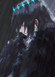 Rule 34 | 1boy, black hair, blue eyes, crown, fate/grand order, fate (series), from side, highres, kdm (ke dama), looking down, male focus, oberon (fate), oberon (third ascension) (fate), parted lips, profile, rain, solo, spoilers, upper body