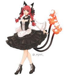 Rule 34 | 1girl, :d, alternate costume, animal ears, apron, armpits, bell, black footwear, black theme, blunt bangs, boots, braid, breasts, cat ears, cat tail, choker, cleavage, commentary request, cross-laced footwear, detached sleeves, dirndl, egret, fiery tail, flame-tipped tail, full body, german clothes, hair ribbon, high heel boots, high heels, highres, kaenbyou rin, looking at viewer, multiple tails, neck bell, open mouth, red eyes, red hair, revision, ribbon, smile, solo, tail, touhou, twin braids, twitter username, two tails, waist apron, walking, white background, wide sleeves