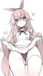 Rule 34 | 10s, 1girl, :o, bad id, bad twitter id, black panties, blonde hair, blush, clothes lift, crop top, crotch, elbow gloves, from below, gloves, hairband, heart, heart-shaped pupils, kantai collection, long hair, looking at viewer, minono aki, monochrome, navel, open mouth, panties, pleated skirt, school uniform, serafuku, shimakaze (kancolle), skirt, skirt lift, solo, symbol-shaped pupils, underwear