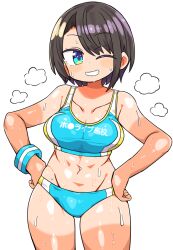 Rule 34 | 1girl, abs, black hair, blue eyes, blue sports bra, breasts, cleavage, collarbone, grin, hands on own hips, hololive, kanikama, large breasts, looking at viewer, navel, one eye closed, oozora subaru, parted lips, short hair, simple background, smile, solo, sports bra, sweat, tan, tanline, teeth, virtual youtuber, white background