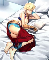 Rule 34 | 1boy, arabian clothes, arm support, ass, barefoot, bed, blonde hair, book, chietori, closed mouth, cropped vest, earrings, fate/grand order, fate (series), gilgamesh, gilgamesh (caster) (fate), gilgamesh (fate), gold trim, highres, jewelry, looking down, lying, male focus, on bed, on side, open book, pectorals, pillow, reading, red eyes, short hair, solo, thighs, vest