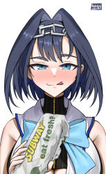 Rule 34 | 1girl, :q, bare shoulders, black hair, black shirt, blue eyes, bow, bow earrings, chain, chain headband, commentary, cropped shirt, earrings, english commentary, food, hair intakes, headband, highres, hololive, hololive english, jewelry, looking at viewer, nyaxxy, ouro kronii, paid reward available, phallic symbol, pinstripe pattern, pinstripe shirt, sandwich, sexually suggestive, shirt, short hair, signature, sleeveless, sleeveless shirt, solo, striped clothes, striped shirt, subway, subway (company), tongue, tongue out, upper body, vertical-striped clothes, vertical-striped shirt, virtual youtuber, white shirt